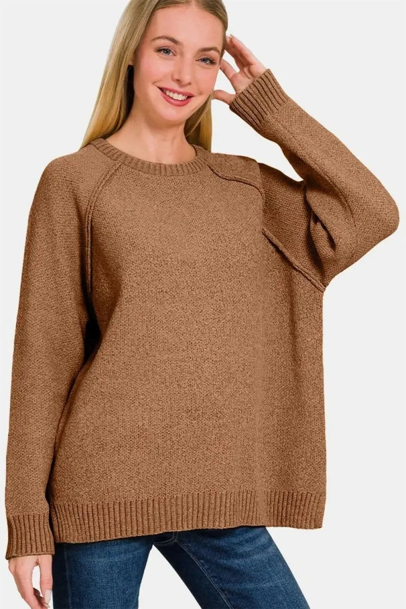 Zenana Side Slit Raglan Sleeve Sweater - Love Salve